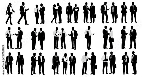 A collection of black silhouette icons depicting business professionals in various poses and outfits
