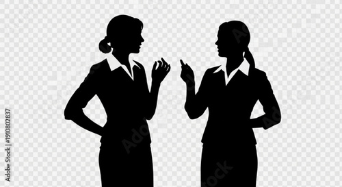 A vector graphic illustration of two businesswomen in silhouette discussing something