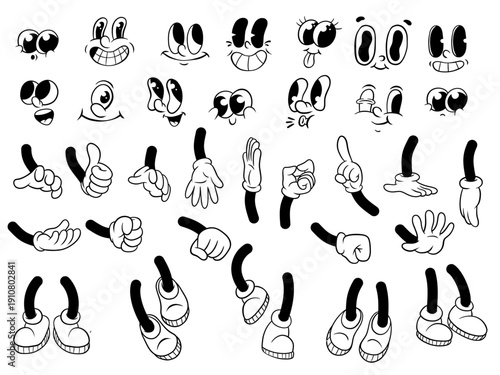 Collection of vintage cartoon style faces, hand gestures, and feet poses in classic rubber hose animation style.