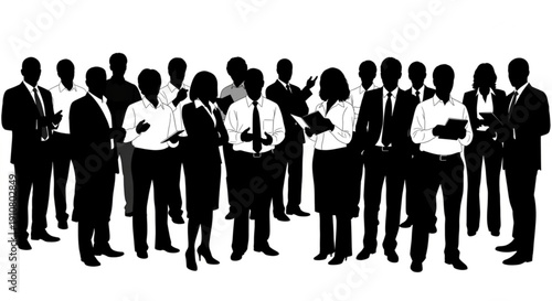 A group of business professionals standing together in a vector graphic silhouette
