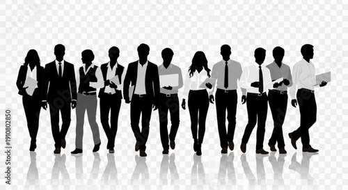 A group of business professionals walking in a line as silhouettes with a transparent background