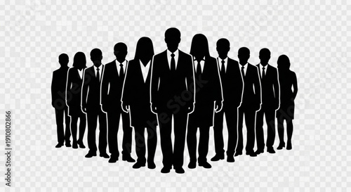 A group of business professionals standing together in a line as a vector graphic silhouette