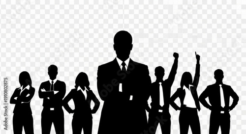 A group of business professionals in a confident pose, depicted as a black silhouette vector graphic