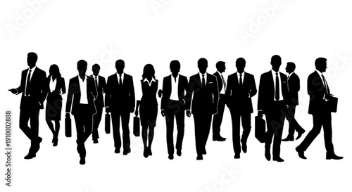 A group of business professionals walking in a line as silhouettes
