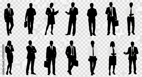 A collection of business people silhouettes in various poses on a transparent background