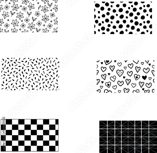 Set of Six Seamless Minimalist Hand Drawn Patterns in Black and White