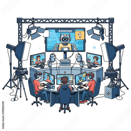 A team of content creators recording a video with a robot on a screen ranking number one.