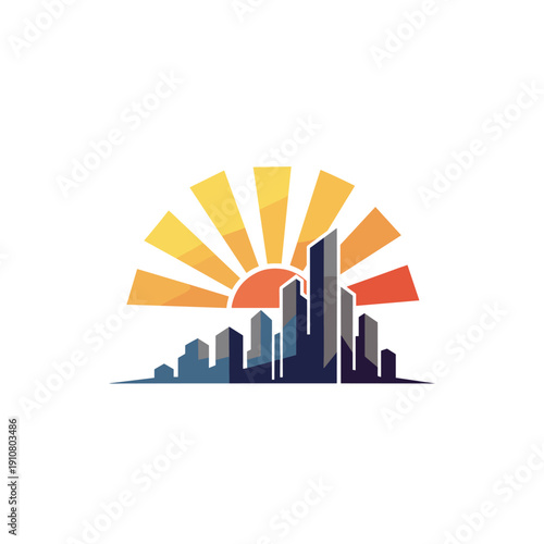 Stylized cityscape with modern skyscrapers silhouetted against a vibrant rising sun with radiating rays, depicting urban dawn or sunset.