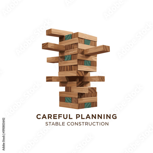 Wooden block tower resembling Jenga, with teal accents, illustrating careful planning and stable construction principles.