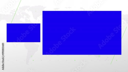Two box split screen for news, interviews, live broadcast, tv shows, live streaming. Blue chroma key cut, 4K loopable world map background with light green elements, simplicity and minimalism design.
