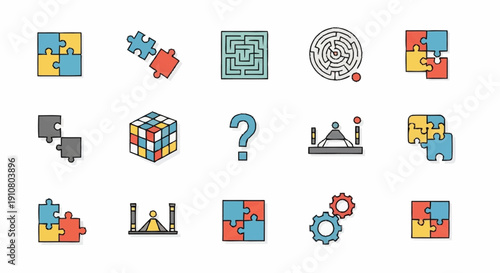 Collection of Various Puzzle and Problem Icons.