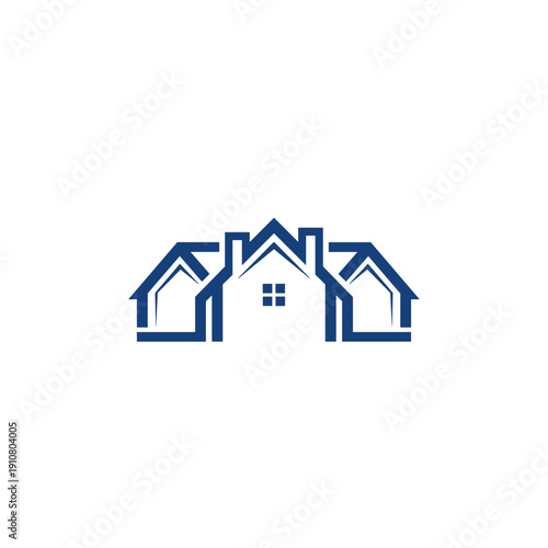 A minimalist blue logo featuring three stylized house outlines, with the central house being larger and more prominent, representing real estate or community.