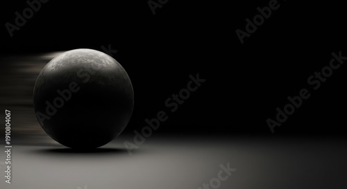 A heavy, dark sphere maintains rapid forward motion across a smooth, empty surface, illustrating unstoppable force and physical momentum ,motion ,progress ,moving