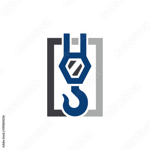 A blue crane hook is superimposed on a gray and black rectangular frame, symbolizing industry and heavy lifting.