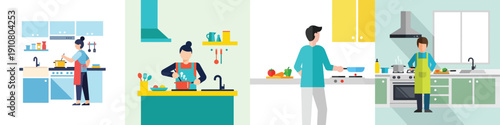 Vector illustration set of a person cooking in a kitchen, flat design, minimalist style, no outline, bright modern colors