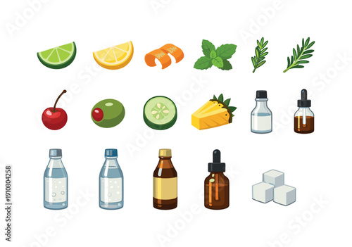 A variety of illustrated elements for drink preparation, such as citrus slices, herbs, olives, and bottles of liquid