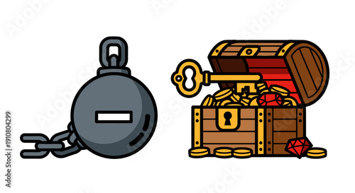 A treasure chest overflowing with gold coins and jewels beside a heavy iron ball and chain on the floor