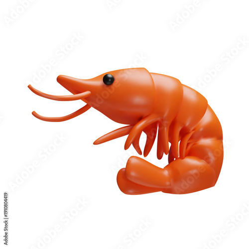 3D shrimp illustration in bright orange color. The shrimp are smooth, stylized design with big black eyes. Seafood-themed designs, menus, packaging, children's materials, digital art collections.