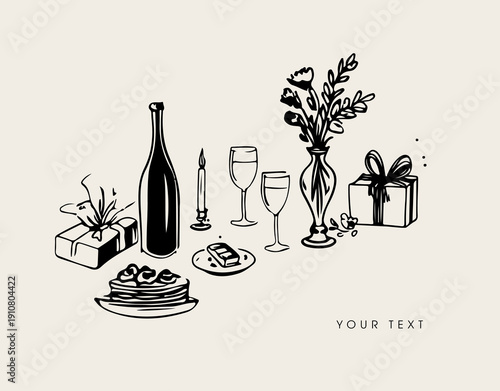 Minimalist hand drawn food and drink vector illustration. Wine, champagne glass, cheese, cake drawings for wedding invitations, menus and parties. Ink doodle sketch style