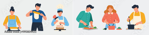 Vector illustration set of a person cooking in a kitchen, flat design, minimalist style, no outline, bright modern colors