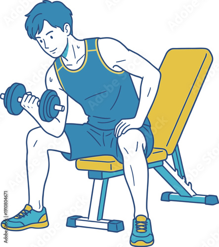 ダンベルで筋トレをする男性 ジムトレーニングイラスト