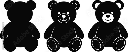 Teddy bear silhouette illustration set, three black icons progressive detail facial features ears feet playful toy design, vector artwork, childhood and gift theme, isolated background