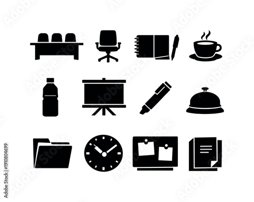 A set of black icons representing various office supplies and business elements arranged in a grid format