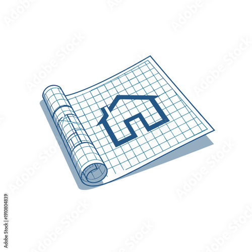 A rolled blueprint with a house drawing on a grid paper, symbolizing architectural planning and design.