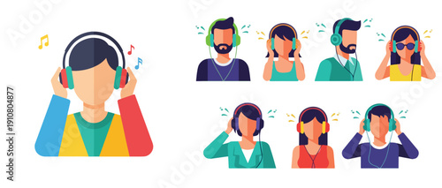 Vector illustration set of a person listening to music with headphones, flat design, simple and clean, no outline, bright colors