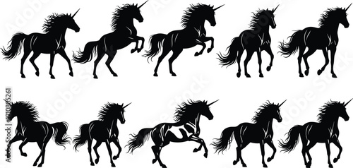 Unicorn silhouette illustration set, ten black icons galloping trotting motion sequence fantasy horse design, vector artwork, mythology and imagination theme, isolated background