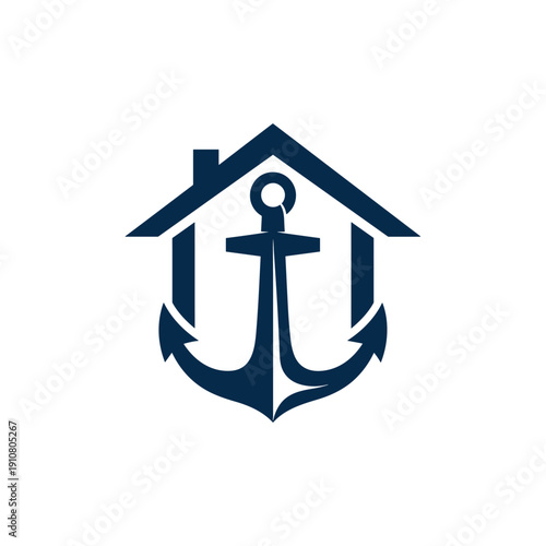 A stylized navy blue house icon with an anchor inside, symbolizing maritime real estate or nautical home.