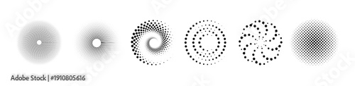 Radial halftone circles set. Black gradient dot Pattern collection featuring abstract circular shapes, geometric dotted element;