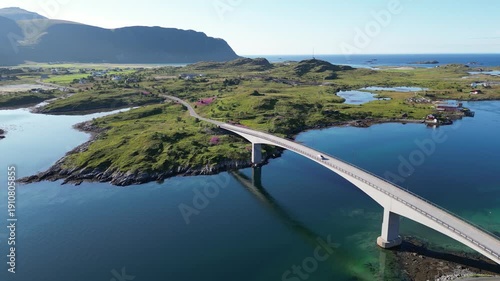 Landscape with a view of the Fredvang Bridges and the European North Sea.. Fredvang in the Lofoten Islands in Norway.