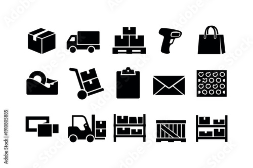 A diverse set of black icons illustrating various aspects of supply chain management, including transportation, storage, and order fulfillment processes