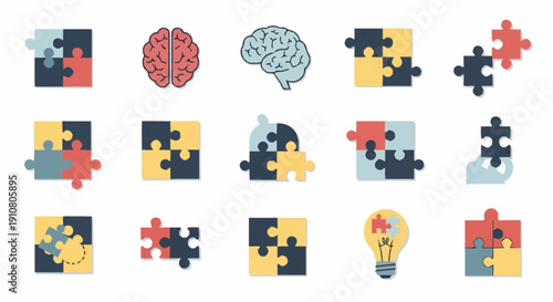Collection of Puzzle Pieces and Brain Icons.