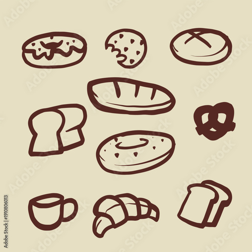 Vintage line illustration pattern bakery pastry bagel donut croissant culinary food