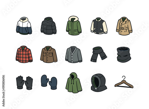 A diverse assortment of outerwear, including jackets, coats, shirts, scarves, gloves, and a hanger, presented in a clean isometric perspective