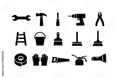 This graphic displays a set of simple, modern icons for common tools like wrenches, hammers, drills, and cleaning supplies