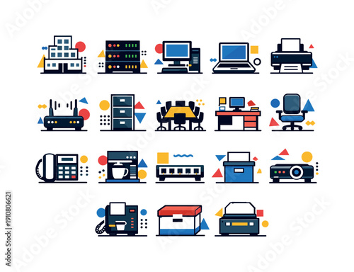 A vibrant set of stylized icons depicting various office essentials like computers, printers, routers, and furniture, perfect for digital design projects