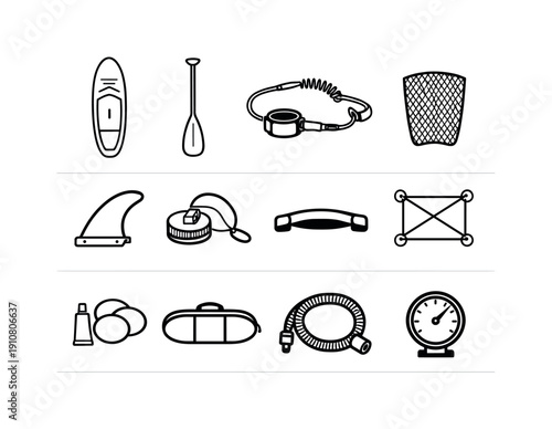 A set of line art icons representing various SUP accessories including a board, paddle, fin, leash, pump, and repair kit