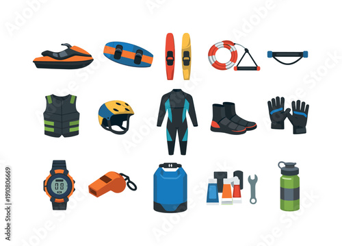 Various items for water sports including jet ski, wakeboard, kayaks, life preserver, wetsuit, helmet, boots, gloves, watch, whistle, dry bag, and water bottle