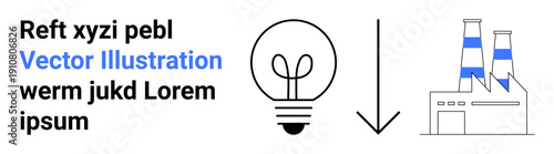 Energy efficiency, industrial production, sustainability, innovation, energy conservation, renewable energy. Light bulb, arrow factory illustration. Energy efficiency and industrial production