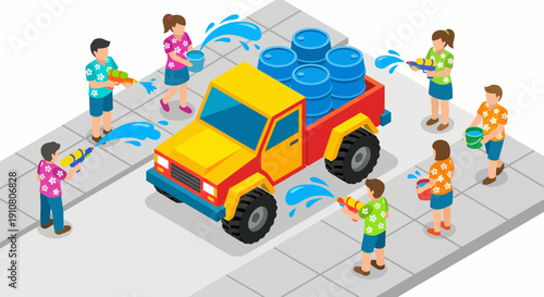 People celebrating Songkran festival splashing water isometric vector illustration