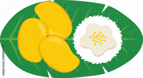 Mango sticky rice on banana leaf vector illustration