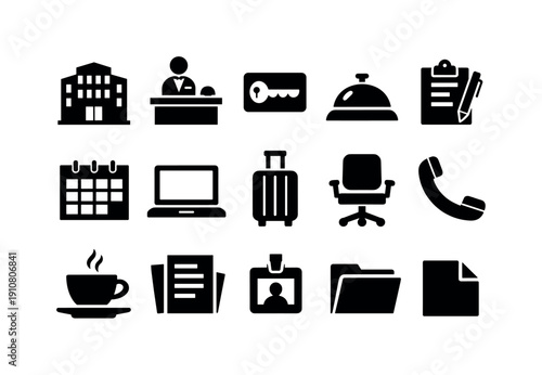 This set of black icons depicts various hotel and office elements, including a building, reception desk, key card, bell, calendar, laptop, suitcase, chair, phone, coffee cup,