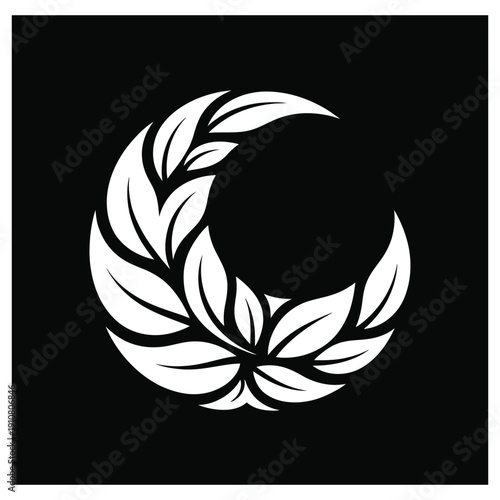 Creative crescent moon with leaves logo design for eco friendly organic brand identity or wellness center promotion in black and white minimalist circle shape vector illustration art