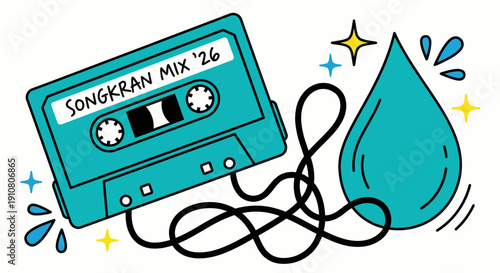 Songkran festival cassette tape and water drop vector illustration