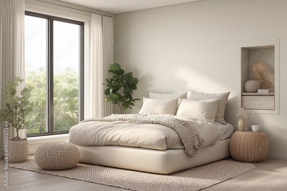 Fototapeta premium Minimalist Bedroom with Platform Bed and Plants
