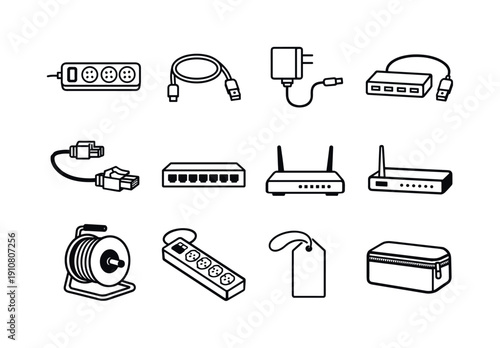A graphic design featuring various electrical and networking components including power strips, routers, cables, and a storage case