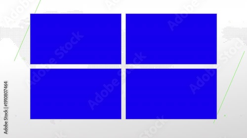 Four box split screen for news, interviews, live broadcast, tv shows, live streaming. Blue chroma key cut, 4K loopable world map background with lightgreen elements, simplicity and minimalism design